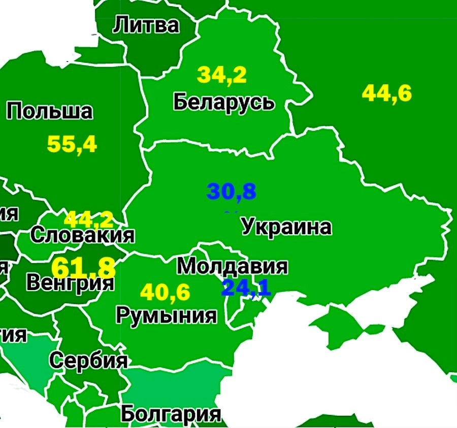 Доля населения стран-соседей Украины, полностью вакцинированная от COVID-19. Как видим, у нас - один из самых низких показателей