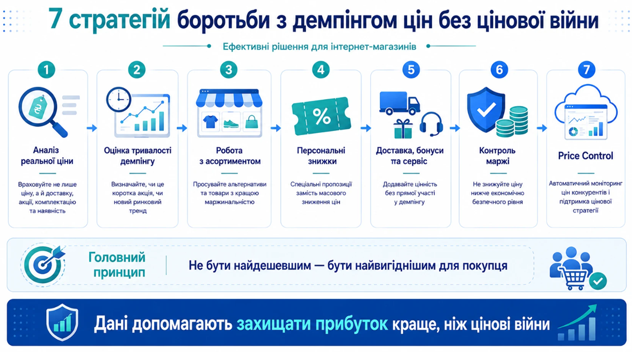 Інфографіка про 7 стратегій боротьби з демпінгом: аналіз цін, контроль маржі, персональні знижки та моніторинг Price Control.